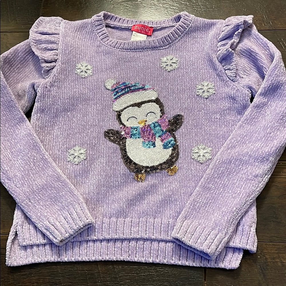 Purple Penguin Sweater with Snowflake Design